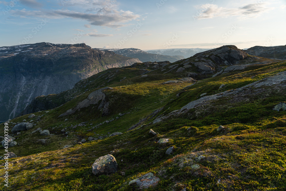 Beautiful landscape of mountains between the way to Trolltunga mountain cliff, Odda, Norway, Scandinavia