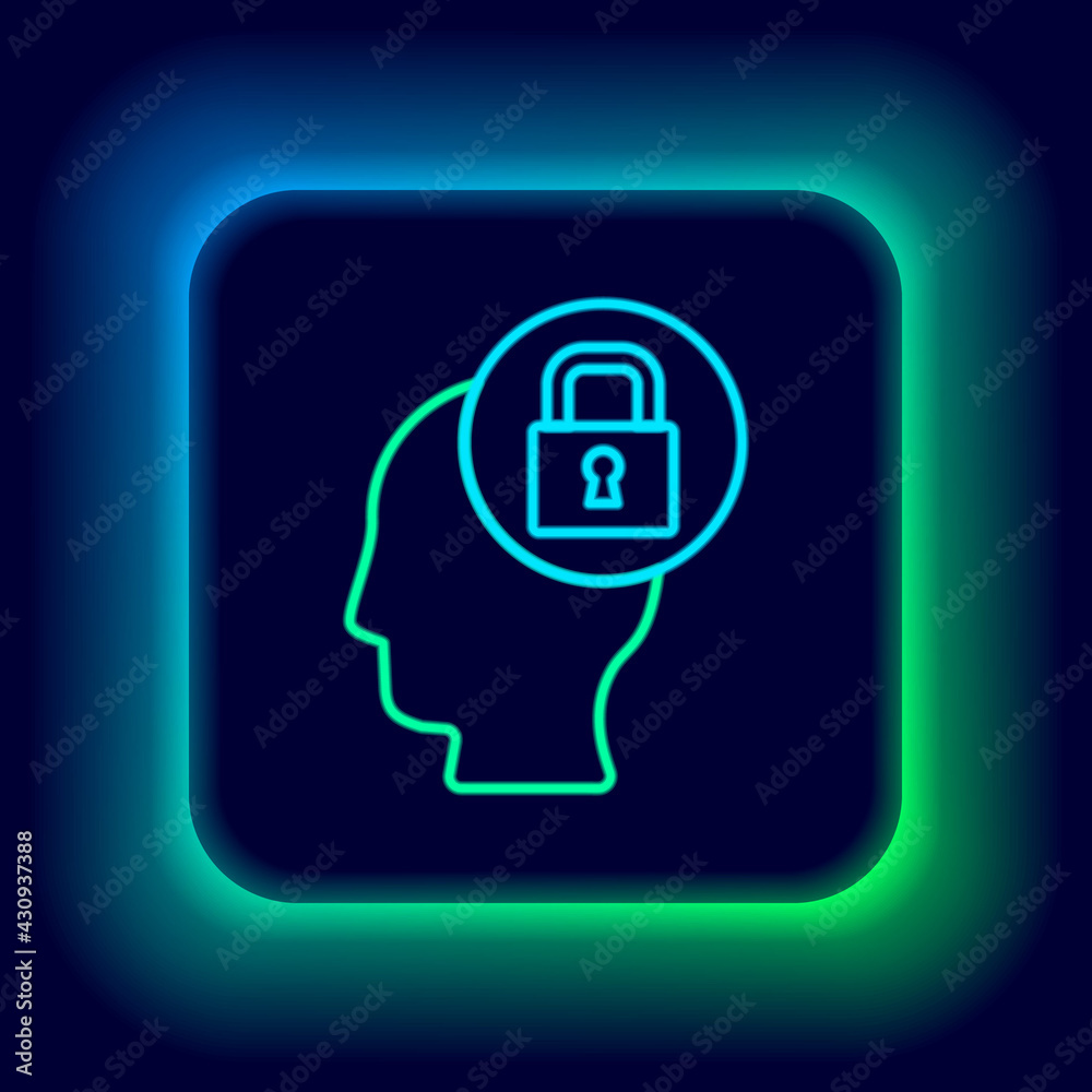 Glowing neon line Human head with lock icon isolated on black background. Colorful outline concept. Vector
