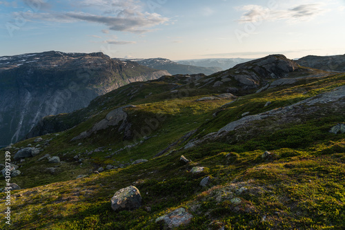 Beautiful landscape of mountains between the way to Trolltunga mountain cliff, Odda, Norway, Scandinavia