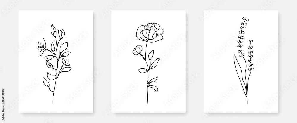 Vector Set of Hand Drawn, Line Art Flowers, Leaves, Plants. Continuous Line Flowers, Leaves. Art Floral Elements Set. Good for T-shirt and Wall Art Prints, Logos, Cosmetics. Minimalist Set Of Plants B