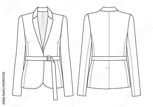 Fashion technical drawing of womens jacket with the belt. Fashion illustrashion.