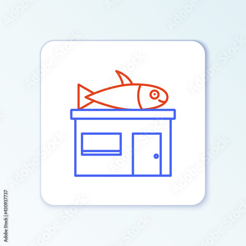Line Seafood store icon isolated on white background. Facade of seafood market. Colorful outline concept. Vector