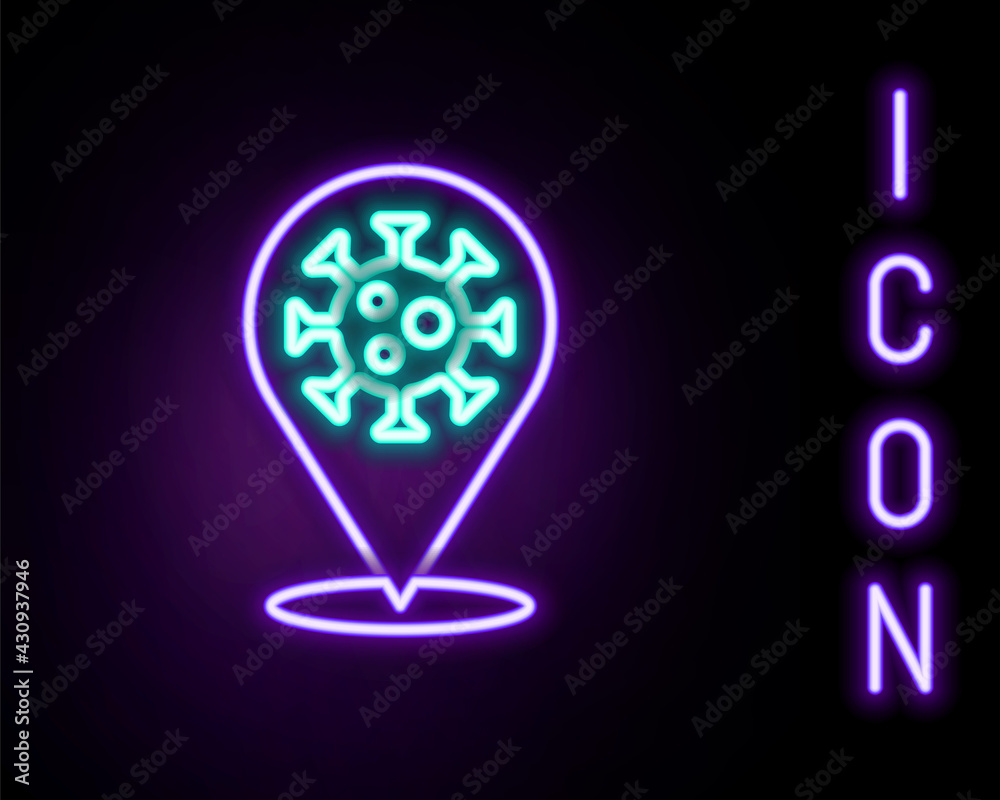 Glowing neon line Corona virus 2019-nCoV on location icon isolated on black background. Bacteria and germs, cell cancer, microbe, fungi. Colorful outline concept. Vector Glowing neon line Corona virus 2019-nCoV on location icon isolated on black background. Bacteria and germs, cell cancer, microbe, fungi. Colorful outline concept. Vector