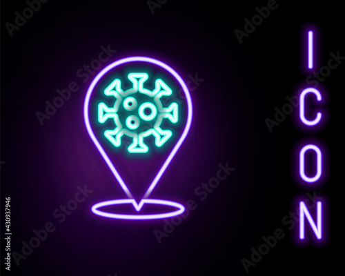 Glowing neon line Corona virus 2019-nCoV on location icon isolated on black background. Bacteria and germs, cell cancer, microbe, fungi. Colorful outline concept. Vector