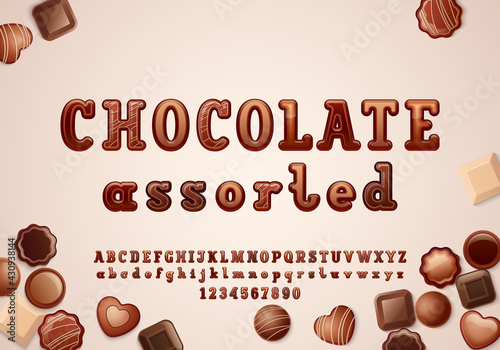 Original 3d font in the chocolate style, rounded alphabet slab serif, uppercase and lowercase letters from A to Z and numbers from 0 to 9, vector illustration 10EPS