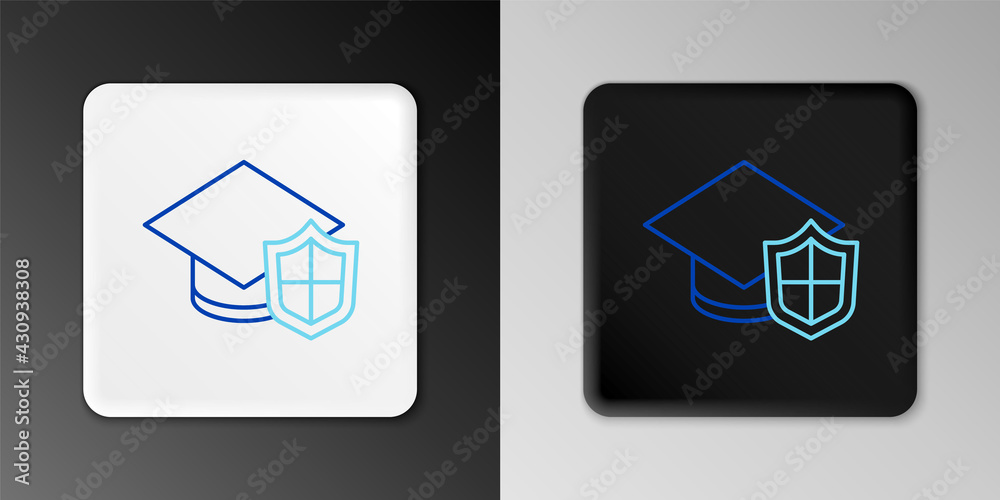 Line Graduation cap with shield icon isolated on grey background. Insurance concept. Security, safety, protection, protect concept. Colorful outline concept. Vector Line Graduation cap with shield icon isolated on grey background. Insurance concept. Security, safety, protection, protect concept. Colorful outline concept. Vector