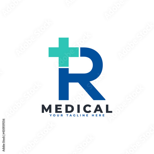 Letter R cross plus logo. Usable for Business, Science, Healthcare, Medical, Hospital and Nature Logos.