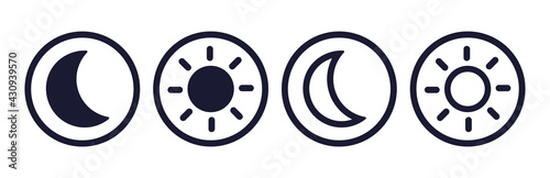 Light and Dark mode buttons vector set. Isolated light, dark, night mode round icons on white background. Ui design for website or App. Color version switch symbols. Flat illustration.