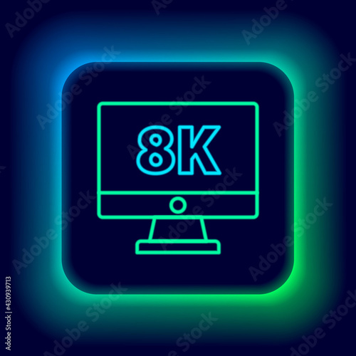 Glowing neon line Computer PC monitor display with 8k video technology icon isolated on black background. Colorful outline concept. Vector