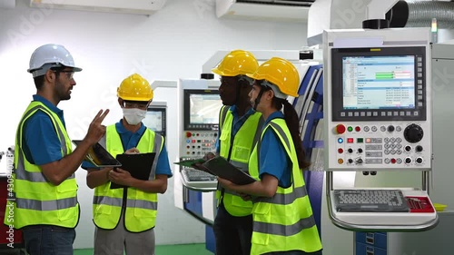 multi ethnicity engineer and workers working in line up