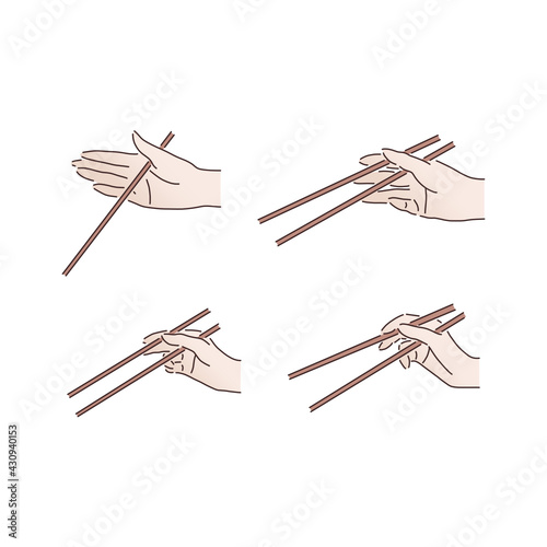 How to use chopsticks. Set with 4 vector colored icons