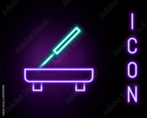 Glowing neon line Scented spa stick on a wooden stand icon isolated on black background. Incense stick. Cosmetic procedure aromatherapy. Colorful outline concept. Vector