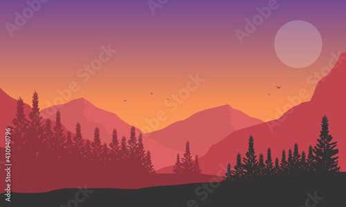 Incredible Mountain views at dusk with the surrounding pine tree silhouettes. Vector illustration