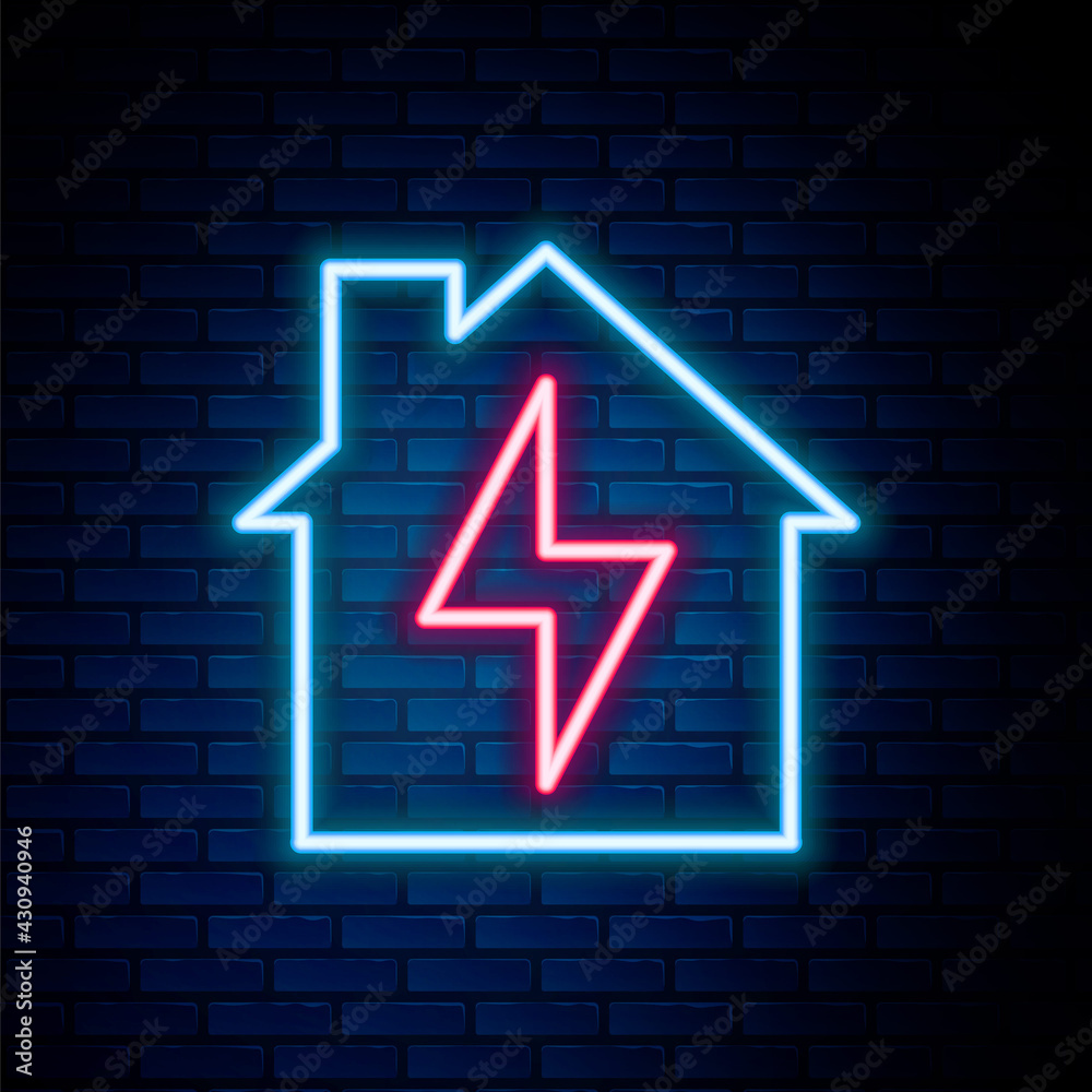 Glowing neon line House and lightning icon isolated on brick wall background. Home energy. Colorful outline concept. Vector Glowing neon line House and lightning icon isolated on brick wall background. Home energy. Colorful outline concept. Vector