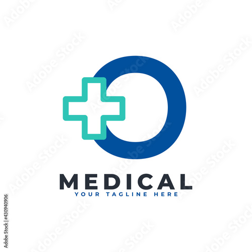 Letter O cross plus logo. Usable for Business, Science, Healthcare, Medical, Hospital and Nature Logos.