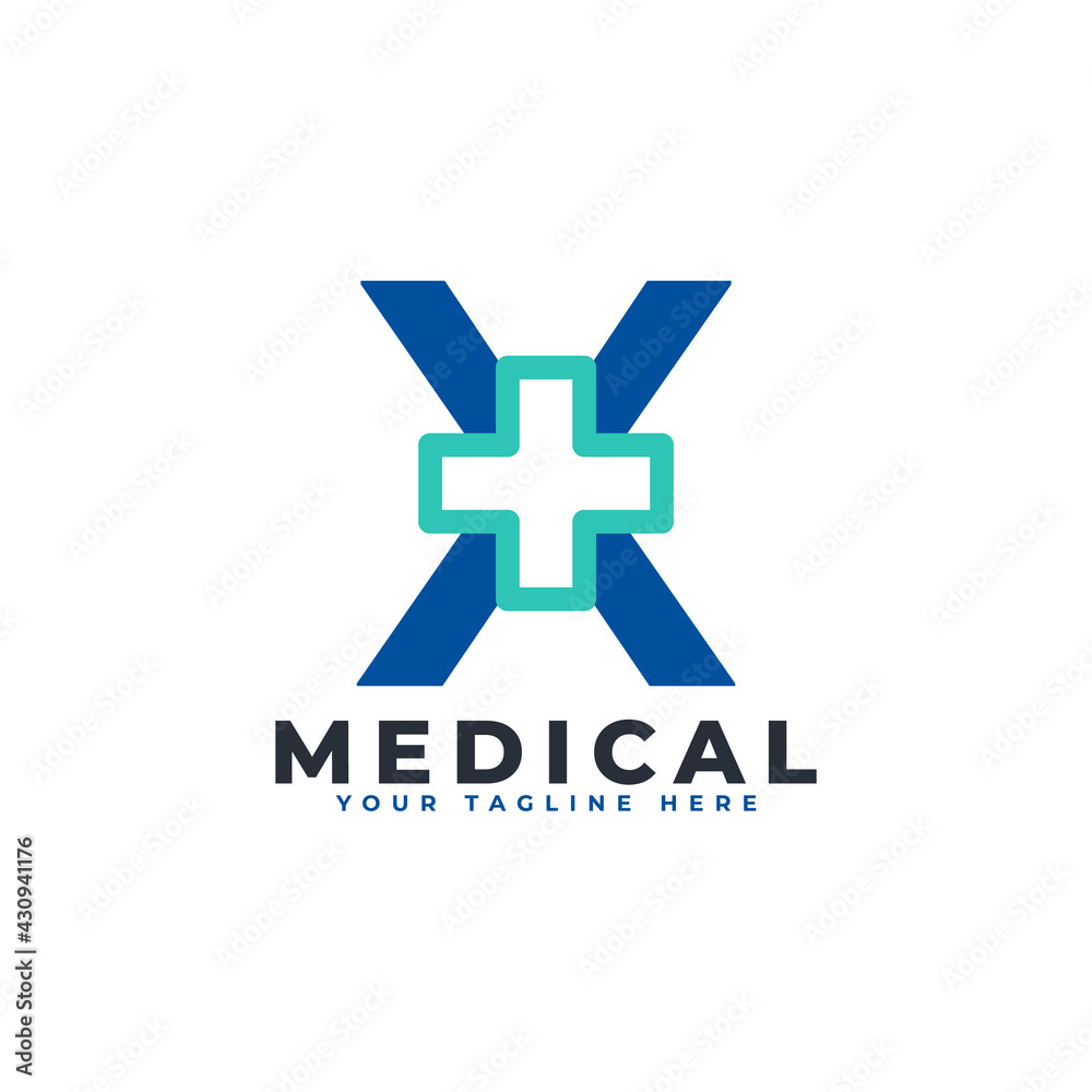 Obraz premium Letter X cross plus logo. Usable for Business, Science, Healthcare, Medical, Hospital and Nature Logos.
