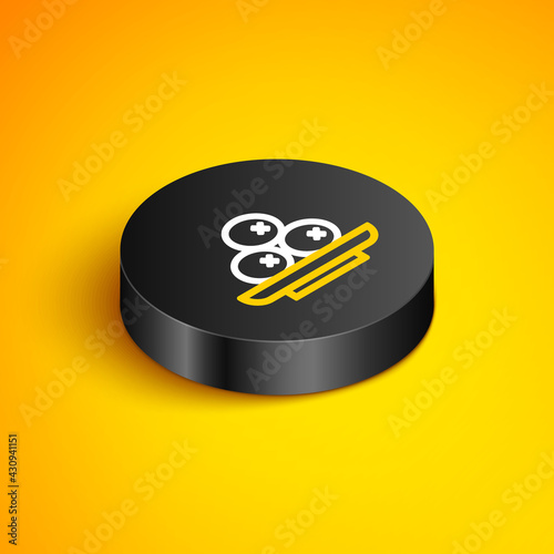 Isometric line Olives on plate icon isolated on yellow background. Black circle button. Vector