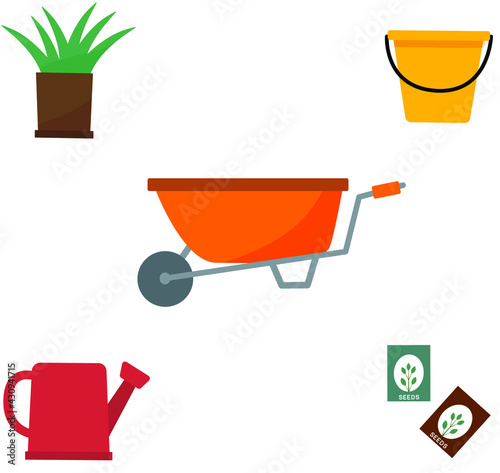 Vector illustration. Bucket, watering can, seeds, plant and garden wheelbarrow.

