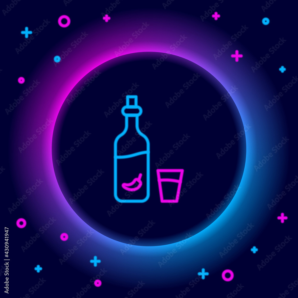 Glowing neon line Vodka with pepper and glass icon isolated on black background. Ukrainian national alcohol. Colorful outline concept. Vector Glowing neon line Vodka with pepper and glass icon isolated on black background. Ukrainian national alcohol. Colorful outline concept. Vector