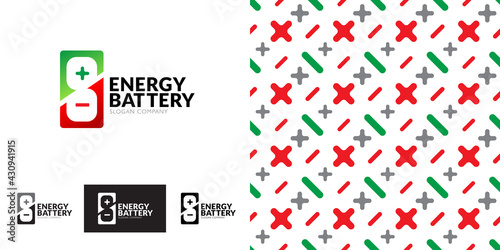 Energy battery logo template with positive and negative poles. Battery abstract icon. Seamless background. Vector, illustration
