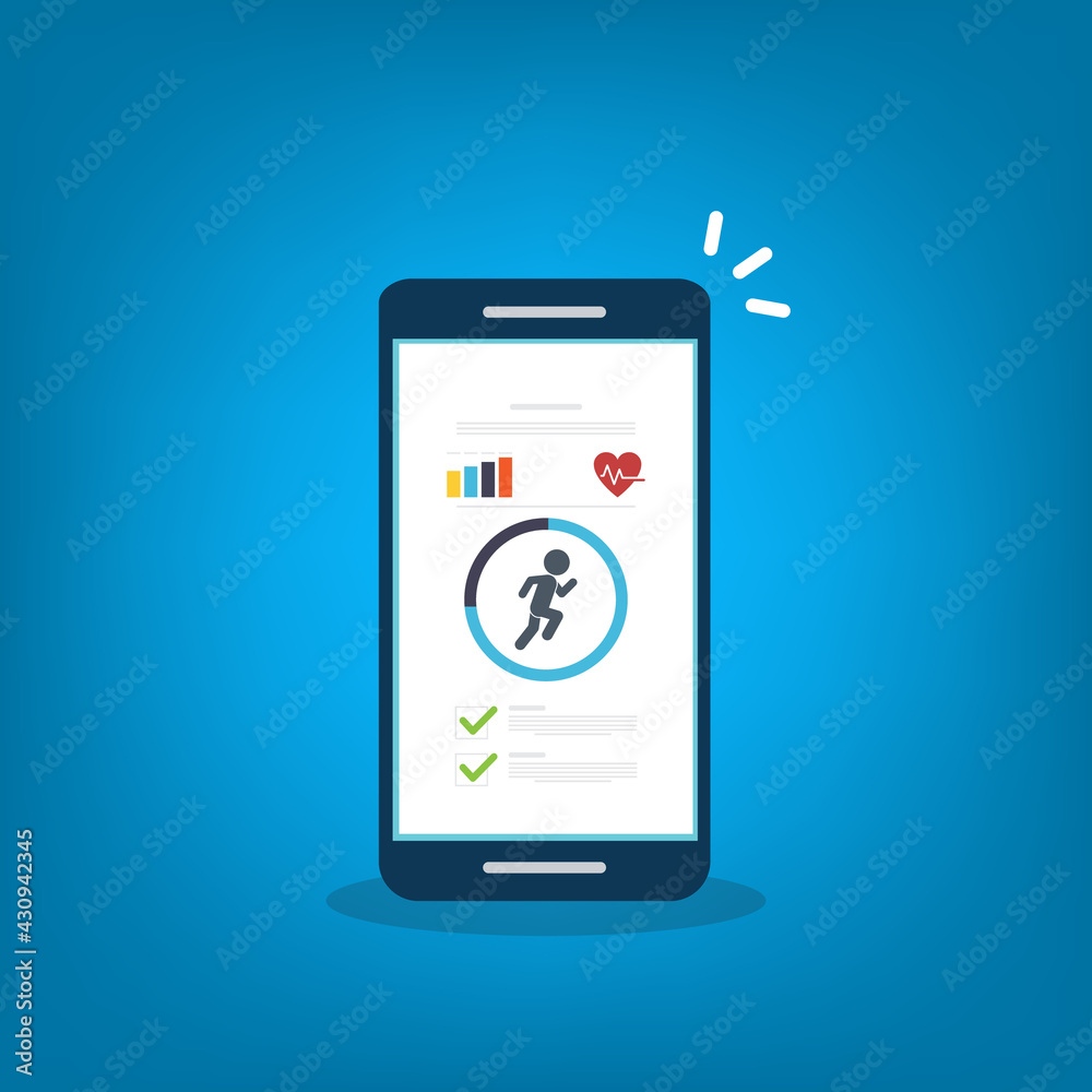 Fitness tracker, fitness tracking app on mobile phone screen. Fitness tracker, fitness tracking app on mobile phone screen.