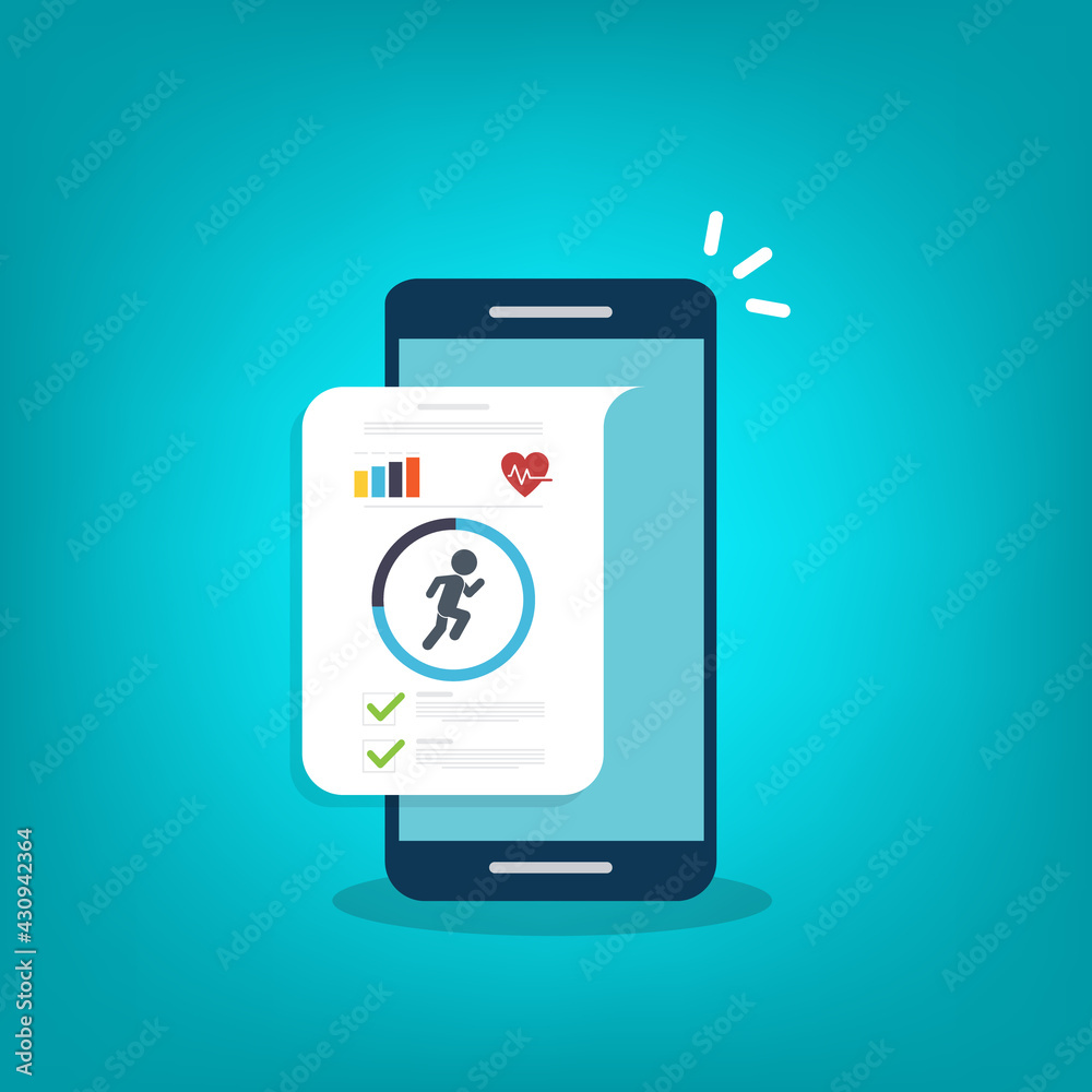 Fitness tracker, fitness tracking app on mobile phone screen. Fitness tracker, fitness tracking app on mobile phone screen.