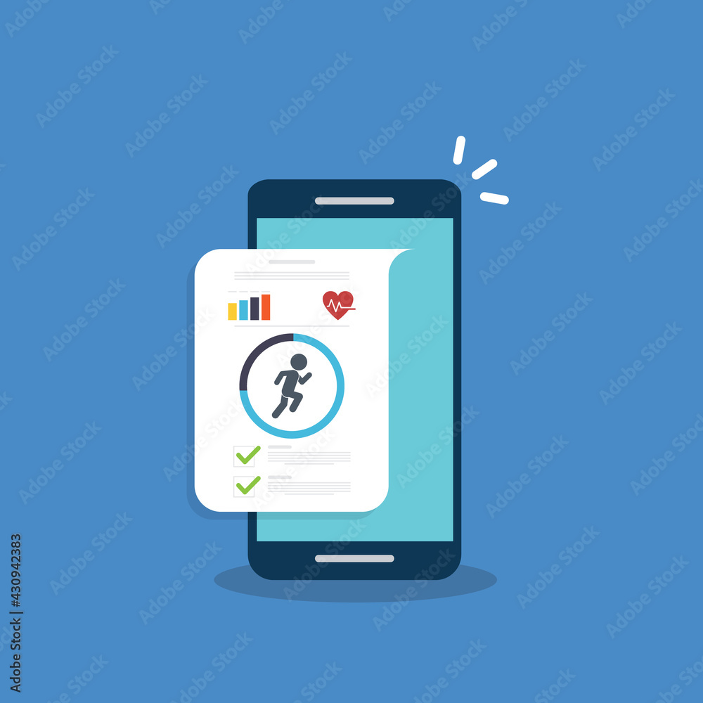 Fitness tracker, fitness tracking app on mobile phone screen. Fitness tracker, fitness tracking app on mobile phone screen.