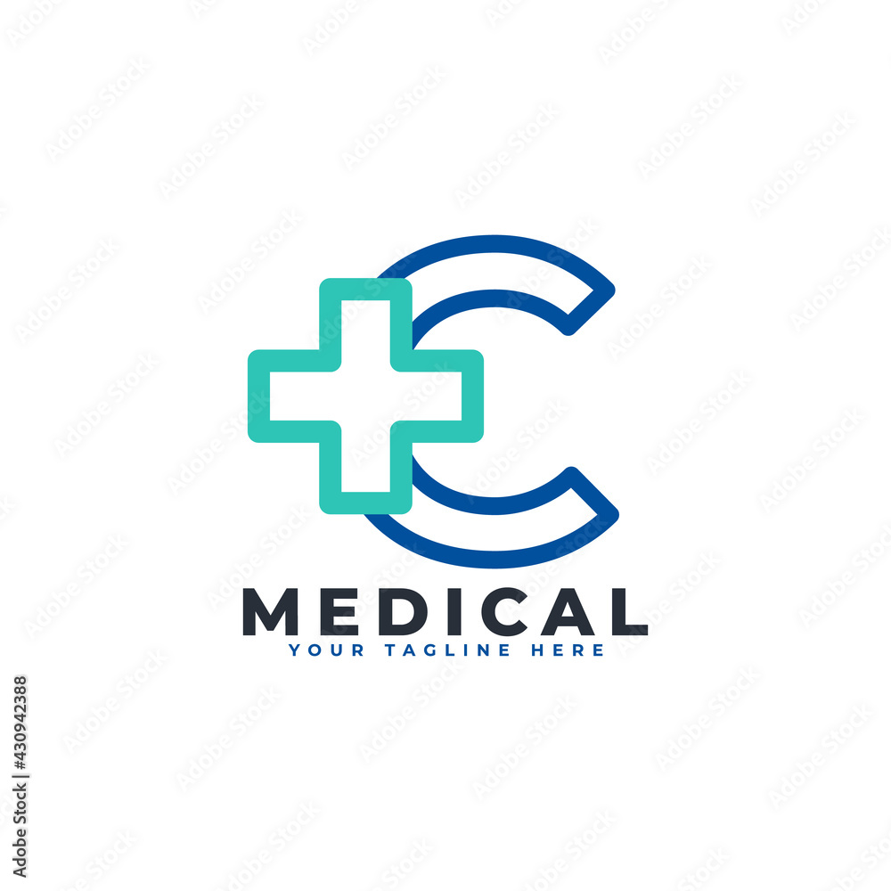 Obraz premium Letter C cross plus logo. Linear Style. Usable for Business, Science, Healthcare, Medical, Hospital and Nature Logos.