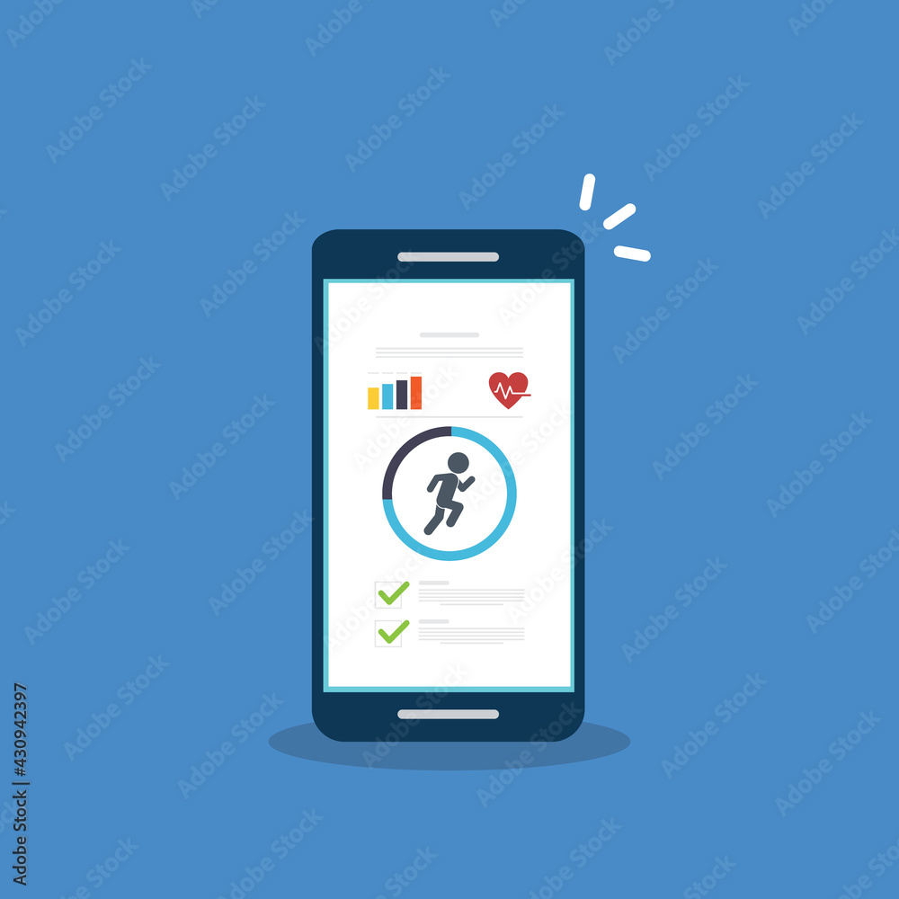 Fitness tracker, fitness tracking app on mobile phone screen. Fitness tracker, fitness tracking app on mobile phone screen.