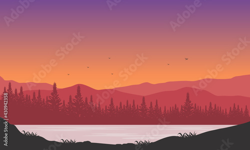 Mountain view with beautiful tree silhouettes at twilight from the outskirts of the city. Vector illustration