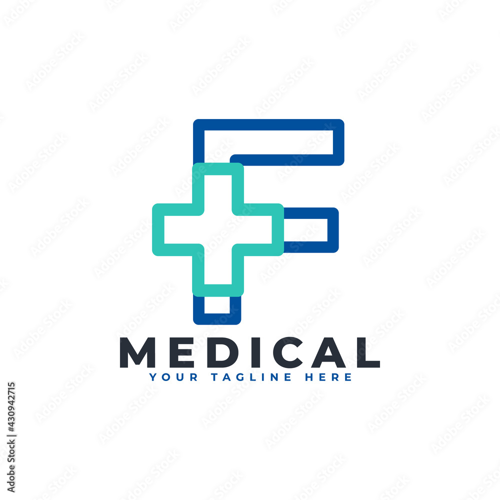 Obraz premium Letter F cross plus logo. Linear Style. Usable for Business, Science, Healthcare, Medical, Hospital and Nature Logos.