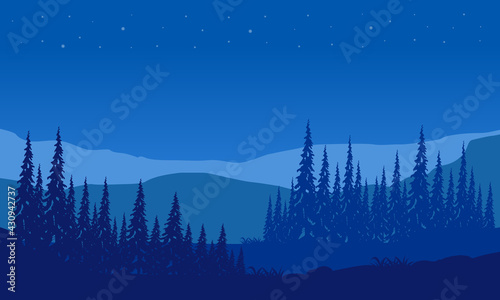 Fantastic view of the mountains with forest at night from the edge of tje city. Vector illustration