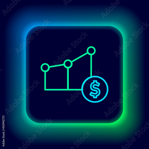 Glowing neon line Pie chart infographic and dollar symbol icon isolated on black background. Diagram chart sign. Colorful outline concept. Vector