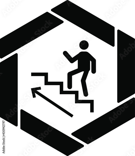 Man Climbing Up Stairs Concept, Upstairs Vector Icon Design, Black Hexagonal warning signs, Safety Label and Hazard symbol on white background, Caution or Notice signage stock illustration