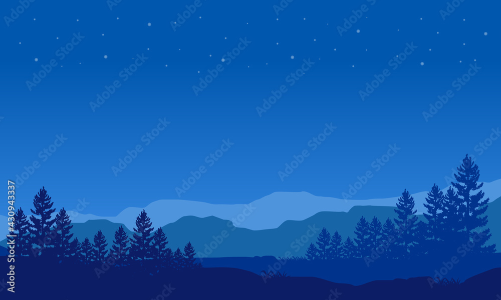 Fototapeta premium Mountain view with forest from the edge of the city at night. Vector illustration