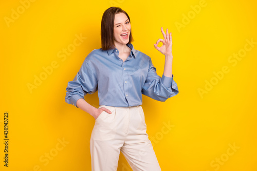 Portrait of attractive cheerful glad funny girl showing ok-sign winking having fun isolated over bright yellow color background