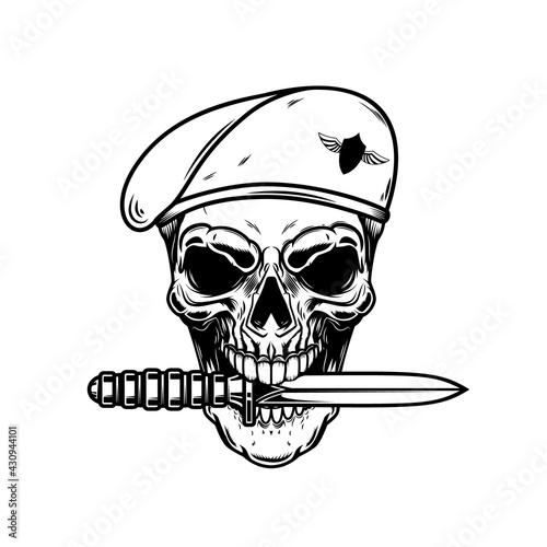 Illustration of paratrooper skull with knife in teeth. Design element for logo, label, sign, emblem. Vector illustration