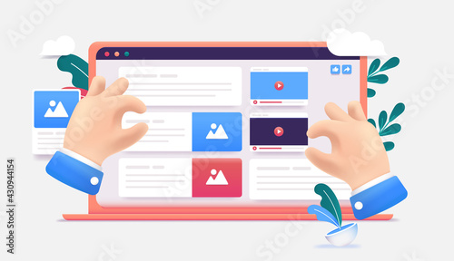 Web content creation - Illustration of hands building user interface with images, text and video. Website building and strategy concept. Vector format.