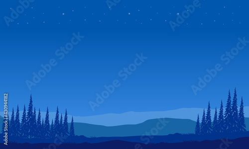Mountain view with forest from the outskirts of the city, under a beautiful starry blue sky. Vector illustration