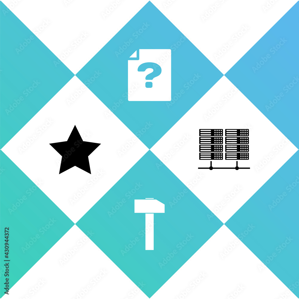 Set Star, Hammer, Unknown document and Server, Data, Web Hosting icon. Vector Set Star, Hammer, Unknown document and Server, Data, Web Hosting icon. Vector