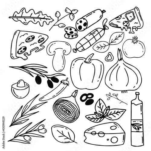 Vector set of elements for pizza pigmentation in the style of doodle for feeding bannets. Pizza elements isolated on white background.
