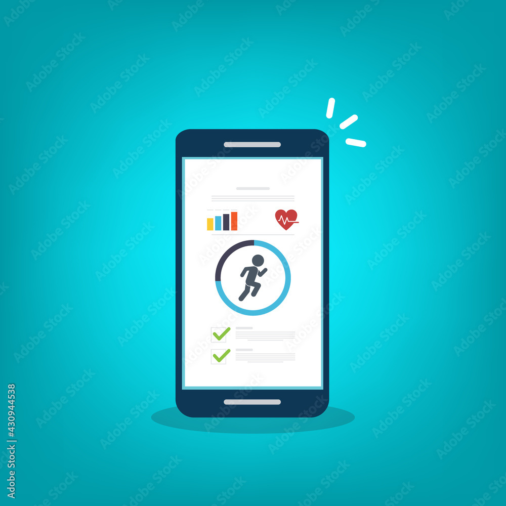 Fitness tracker, fitness tracking app on mobile phone screen. Fitness tracker, fitness tracking app on mobile phone screen.