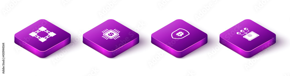 Set Isometric Blockchain technology, Processor chip with dollar, Shield bitcoin and Proof of stake icon. Vector Set Isometric Blockchain technology, Processor chip with dollar, Shield bitcoin and Proof of stake icon. Vector