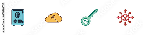 Set Proof of stake, Cryptocurrency cloud mining, key and Distribution icon. Vector