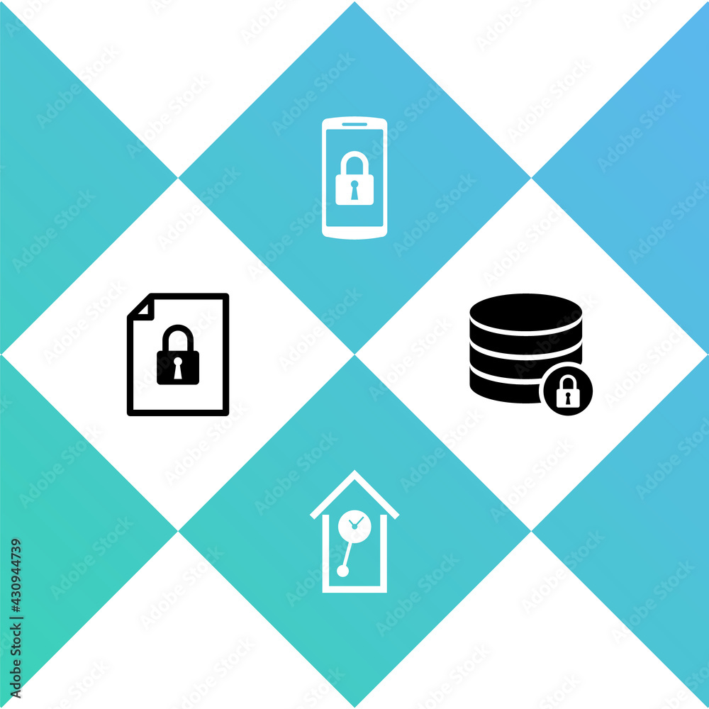 Set Document and lock, Retro wall watch, Smartphone with and Server security icon. Vector Set Document and lock, Retro wall watch, Smartphone with and Server security icon. Vector