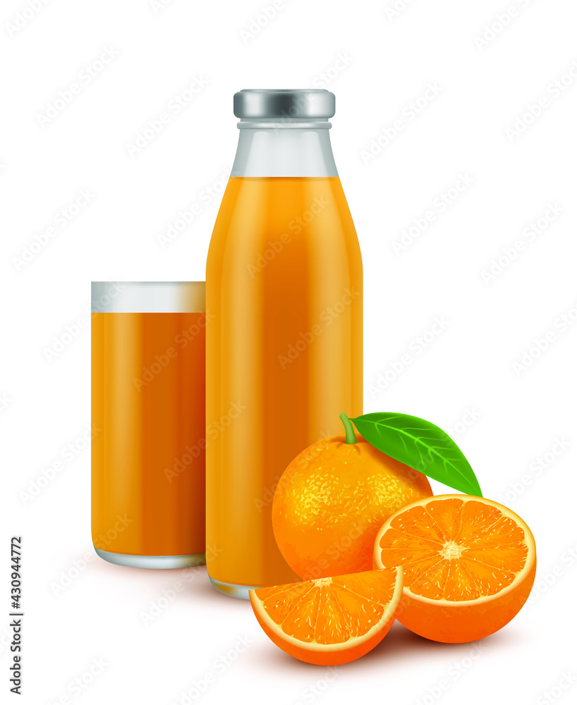Fresh orange juice and pieces of orange on white. Realistic vector illustration Fresh orange juice and pieces of orange on white. Realistic vector illustration