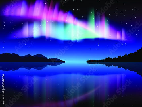 Northern lights. Aurora borealis in the sky over the forest and the ocean. Vector illustration