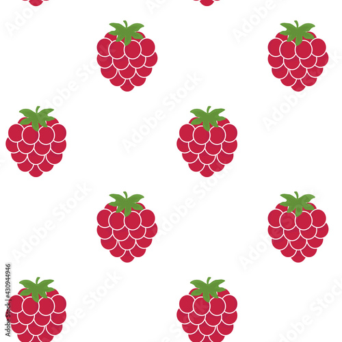 Seamless vector pattern with raspberries on a white background  Suitable for the design of textile fabric, wrapping paper, and wallpaper for websites. Vector illustration.