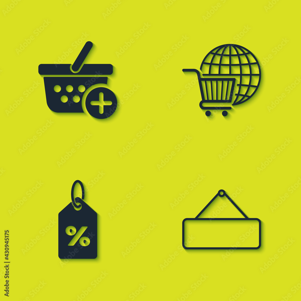 Set Add to Shopping basket, Signboard hanging, Discount percent tag and cart with globe icon. Vector Set Add to Shopping basket, Signboard hanging, Discount percent tag and cart with globe icon. Vector
