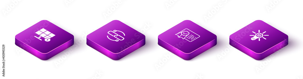 Set Isometric Solar energy panel, Chain link line, Certificate template and Light bulb with gear icon. Vector Set Isometric Solar energy panel, Chain link line, Certificate template and Light bulb with gear icon. Vector